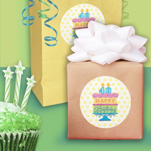 40. Happy Birthday Cake Gelb Punkte Runder Aufkleber