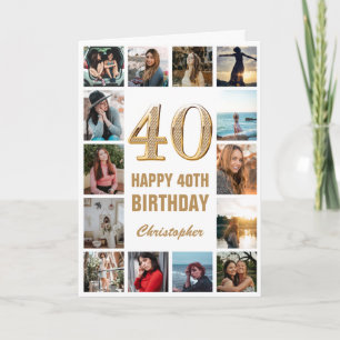 40. Happy Birthday Gold und White Foto Collage Karte