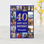 40. Happy Birthday Navy Blue & Gold Foto Collage Karte (Gelbe Blume)