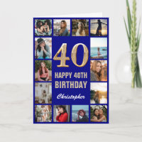 40. Happy Birthday Navy Blue & Gold Foto Collage