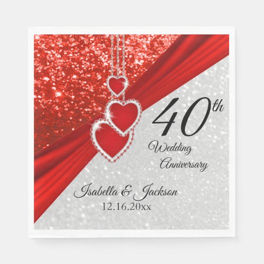 40. Helle Rot und Glitzer Jahrestag / Hochzeit Serviette (Vorderseite)