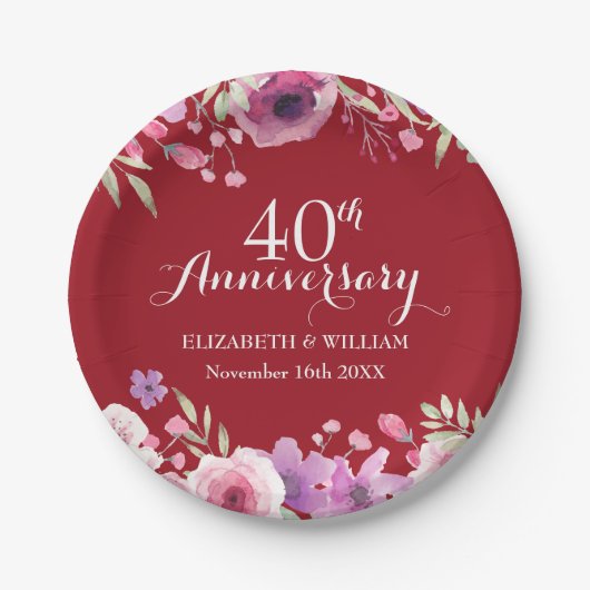 40. Hochzeit-Jubiläum Blume Chic Ruby Pappteller (Vorderseite)