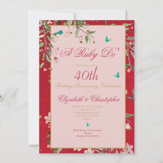 40. Hochzeitsjubiläum Floral Rot Ein Rubin Tun Einladung (Rückseite)