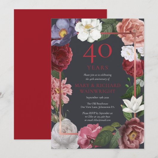 40. Hochzeitsjubiläum Florale Rose Chic Rubin Einladung (Vorne/Hinten)