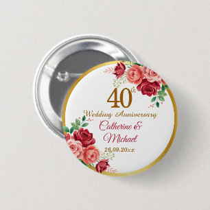 40. Hochzeitsjubiläum Goldrahmen Blumen Button