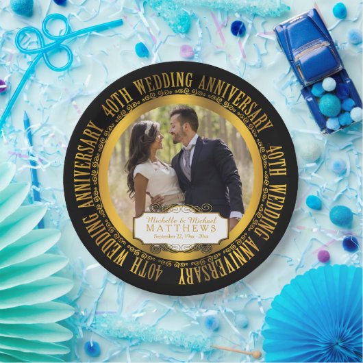 40. Hochzeitstag Foto Black | Goldton Pappteller (Party)