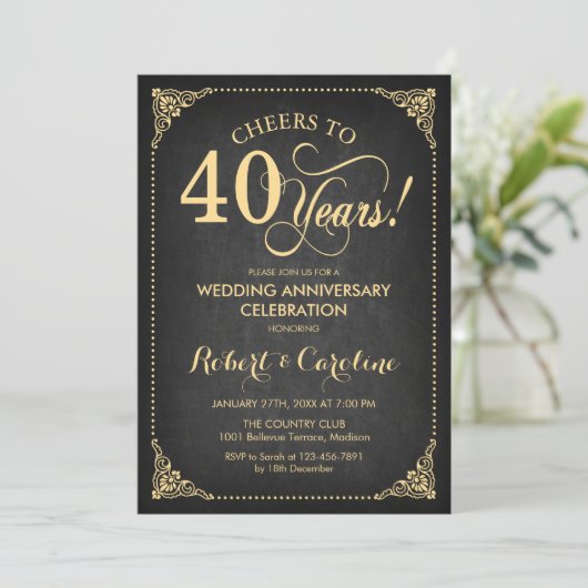40. Hochzeitstag - Gold Chalkboard Einladung (Stehend Vorderseite)