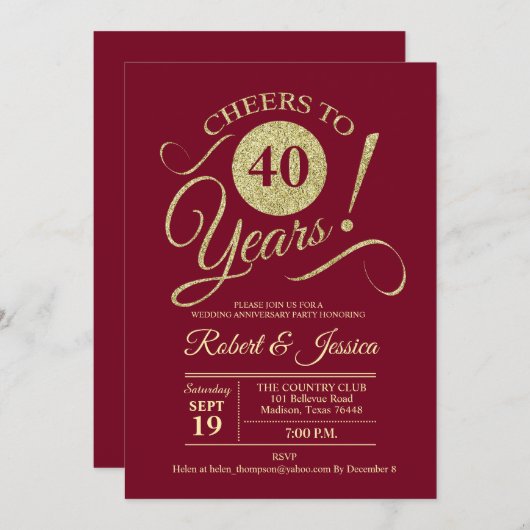 40. Hochzeitstag Gold Ruby Red Einladung (Vorne/Hinten)