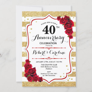 40. Hochzeitstag - Gold Weiße Rote Rosen Einladung
