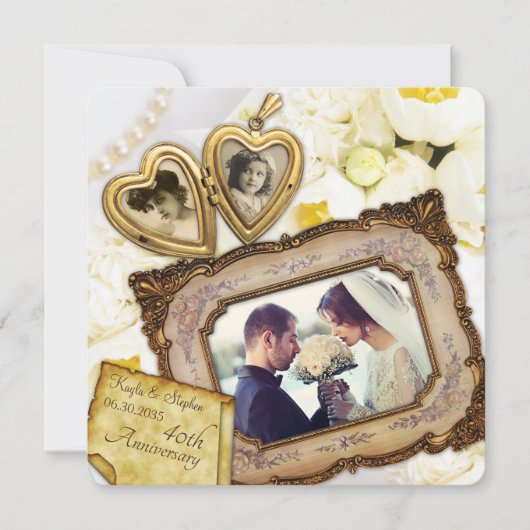 40. Hochzeitstag - Goldener Herzklecksrahmen Einladung (Vorderseite)