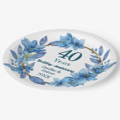 40. Hochzeitstag mit blauem Blumendesign Ruby  Pappteller (Schrägansicht)
