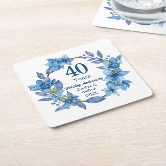 40. Hochzeitstag mit blauem Blumendesign Ruby Rechteckiger Pappuntersetzer (angewinkelt)