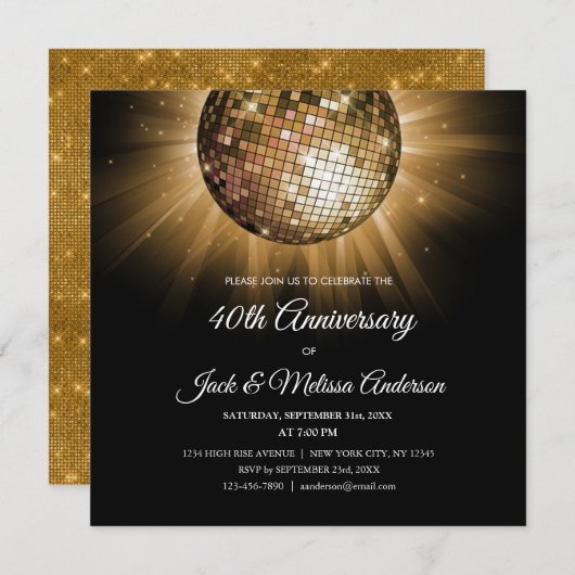 40. Hochzeitstag Party Gold Disco Ball Einladung (Vorne/Hinten)