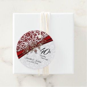40. Hochzeitstag - Rot und Weiß Damast Geschenkanhänger