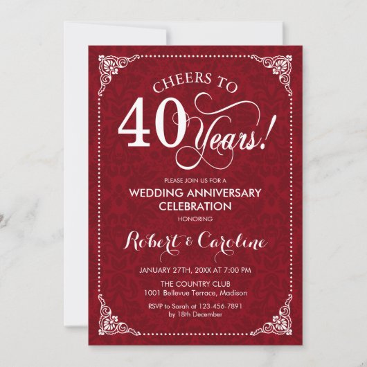 40. Hochzeitstag - Ruby Red Damask Einladung (Vorderseite)