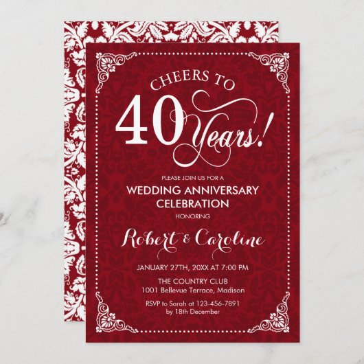 40. Hochzeitstag - Ruby Red Damask Einladung (Vorne/Hinten)