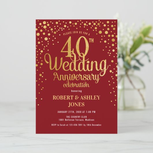 40. Hochzeitstag - Ruby Red & Gold Einladung (Stehend Vorderseite)