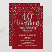 40. Hochzeitstag - Ruby Red & Silver Einladung (Vorne/Hinten)