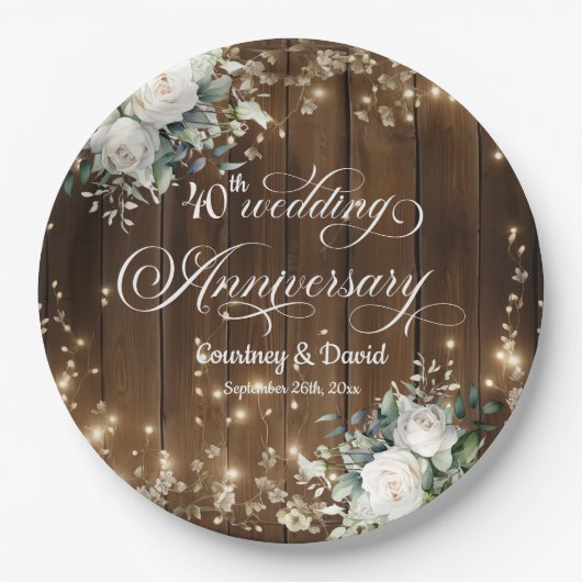 40. Hochzeitstag Rustikale Streichlichter Pappteller (Vorderseite)