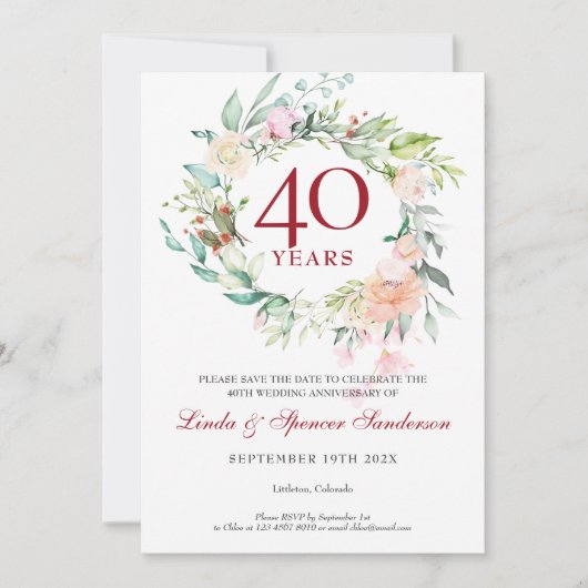 40. Hochzeitstag Save the Date floral Einladung (Vorderseite)