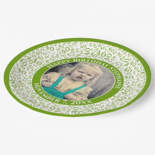 40 Ihr Foto Random Number Pattern Grün/Weiß Pappteller (Schrägansicht)