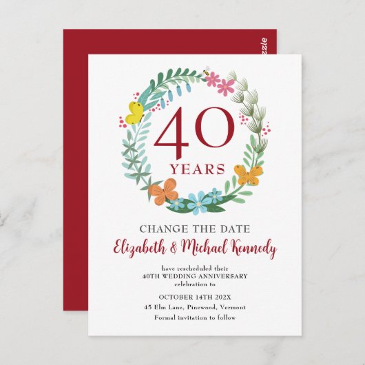 40 Jahre Ruby Floral Wreath Change Date Postkarte (Vorne/Hinten)
