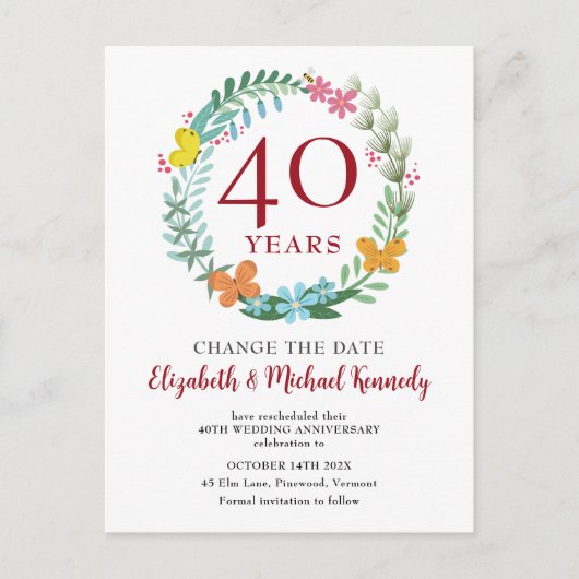 40 Jahre Ruby Floral Wreath Change Date Postkarte (Vorderseite)