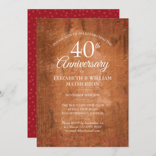 40 Jahre Ruby Hearts Rustikales Vintages Holz Einladung (Vorne/Hinten)