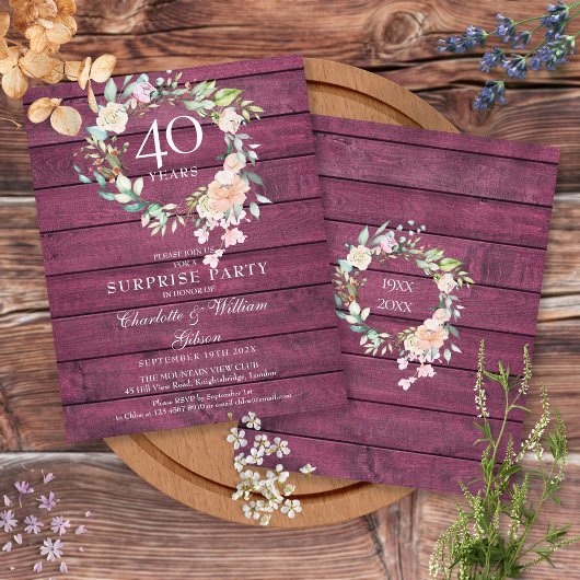 40 Jahre Ruby Rustic Wood Floral Einladung