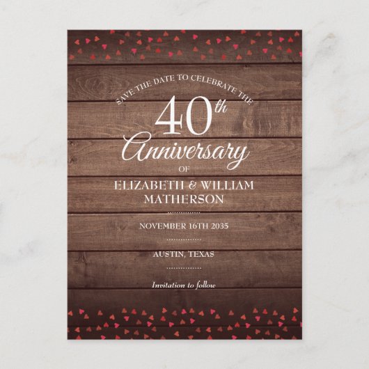 40 Jahre Save the Date Ruby Hearts Rustic Postkarte (Vorderseite)