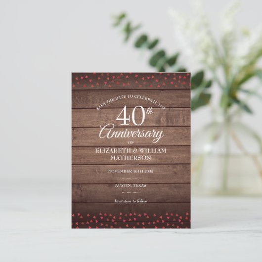 40 Jahre Save the Date Ruby Hearts Rustic Postkarte (Stehend Vorderseite)