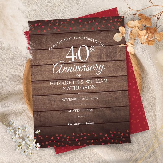 40 Jahre Save the Date Ruby Hearts Rustic Postkarte
