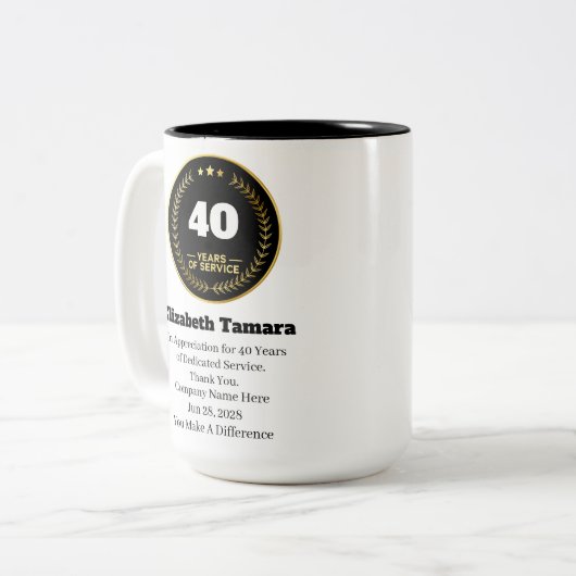 40-jähriges Arbeitsjubiläum | Mitarbeiteraufwertun Zweifarbige Tasse (Vorderseite Links)