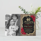 40. Jubiläum mit Foto - Holz & Rote Rosen Einladung (Stehend Vorderseite)