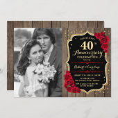 40. Jubiläum mit Foto - Holz & Rote Rosen Einladung (Vorne/Hinten)