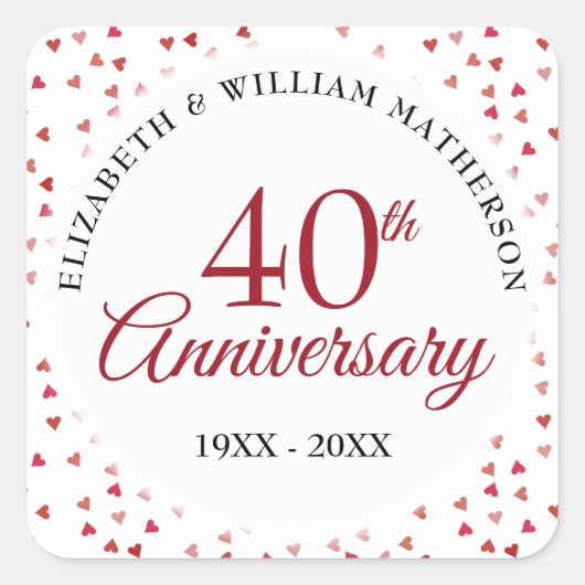 40. Jubiläum Ruby Hearts Quadratischer Aufkleber (Vorderseite)