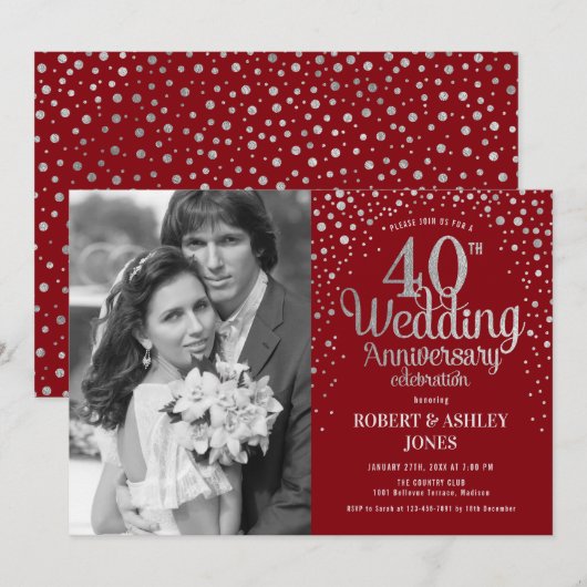 40. Jubiläum - Ruby Red Silver Foto Einladung (Vorne/Hinten)