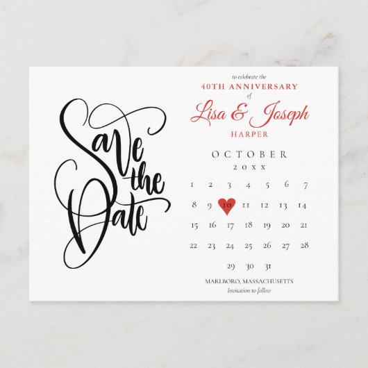 40. Jubiläum Save the Date Kalender Ruby Herz Postkarte (Vorderseite)