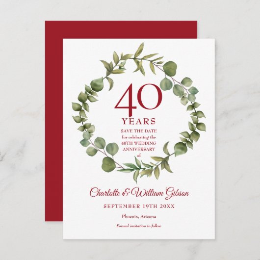 40. Jubiläum Save the Date Waldlandgrün Ankündigungspostkarte (Vorne/Hinten)