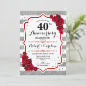 40. Jubiläum - Silberweiße Rote Rosen Einladung (Stehend Vorderseite)