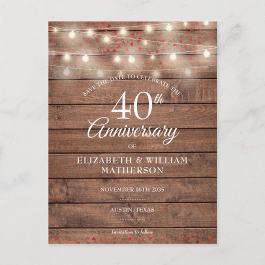 40. Jubiläum String Lights Wood Save the Date Ankündigungspostkarte (Vorderseite)