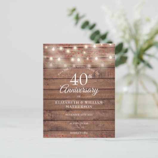 40. Jubiläum String Lights Wood Save the Date Ankündigungspostkarte (Stehend Vorderseite)