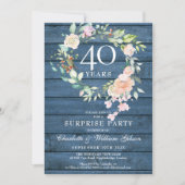 40. Jubiläum Überraschung Party Floral Blue Rustic Einladung (Vorderseite)