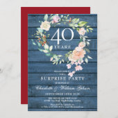 40. Jubiläum Überraschung Party Floral Blue Rustic Einladung (Vorne/Hinten)