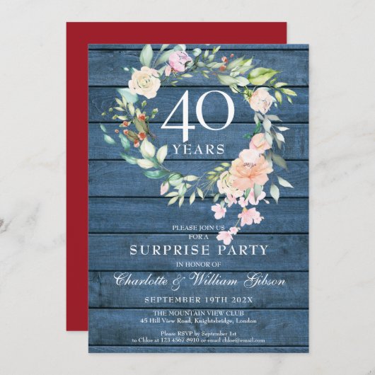40. Jubiläum Überraschung Party Floral Blue Rustic Einladung (Vorne/Hinten)