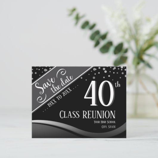 40. Klasse Wiedersehen Elegant schwarz Ankündigungspostkarte (Stehend Vorderseite)