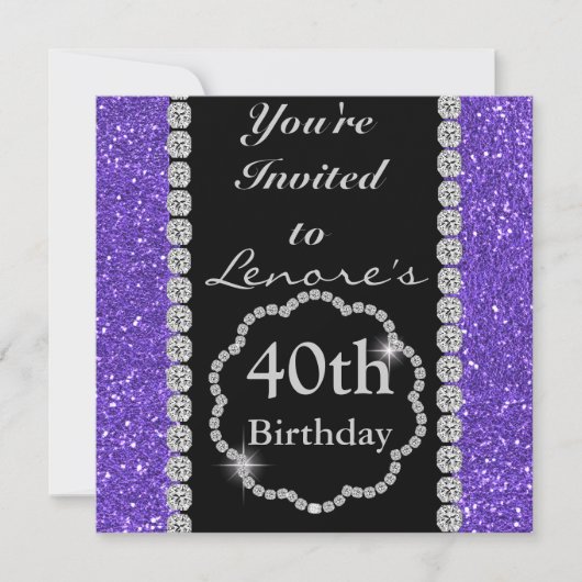 40. Lila BLING Geburtstags-Party Einladung (Vorderseite)