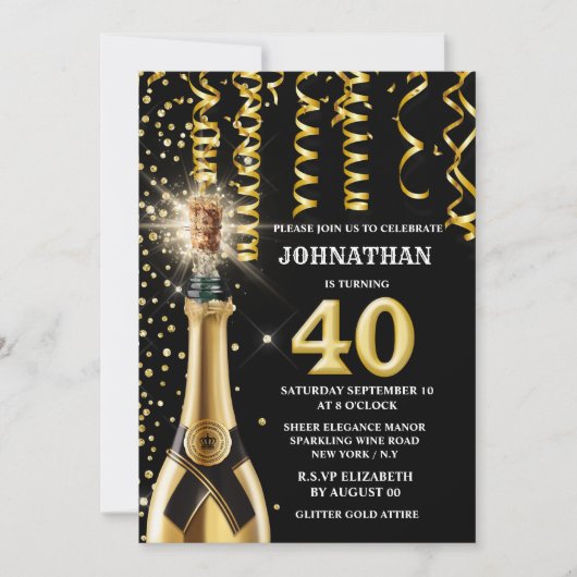40 Meilenstein Schaumwein Gold Schwarzer Glitzer Einladung (Vorderseite)