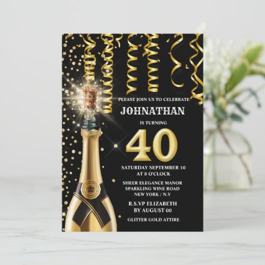 40 Meilenstein Schaumwein Gold Schwarzer Glitzer Einladung (Stehend Vorderseite)