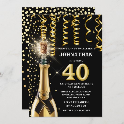 40 Meilenstein Schaumwein Gold Schwarzer Glitzer Einladung (Vorne/Hinten)